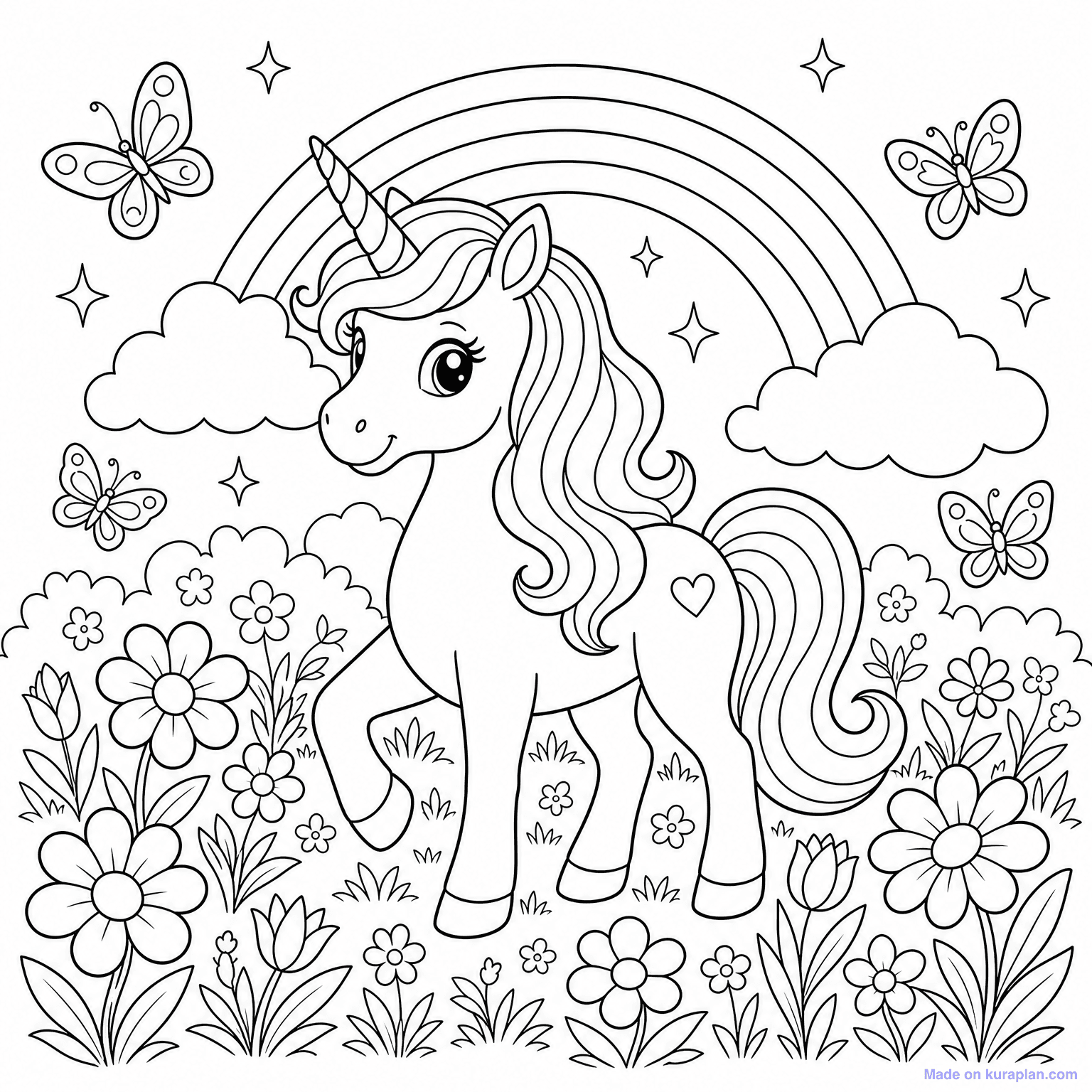 Unicorn in Magical Meadow — Coloring Page