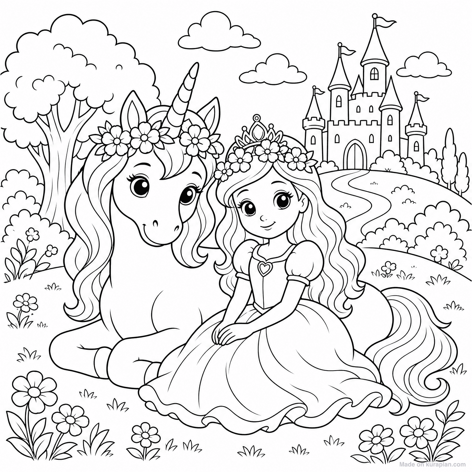 Unicorn with Princess — Coloring Page