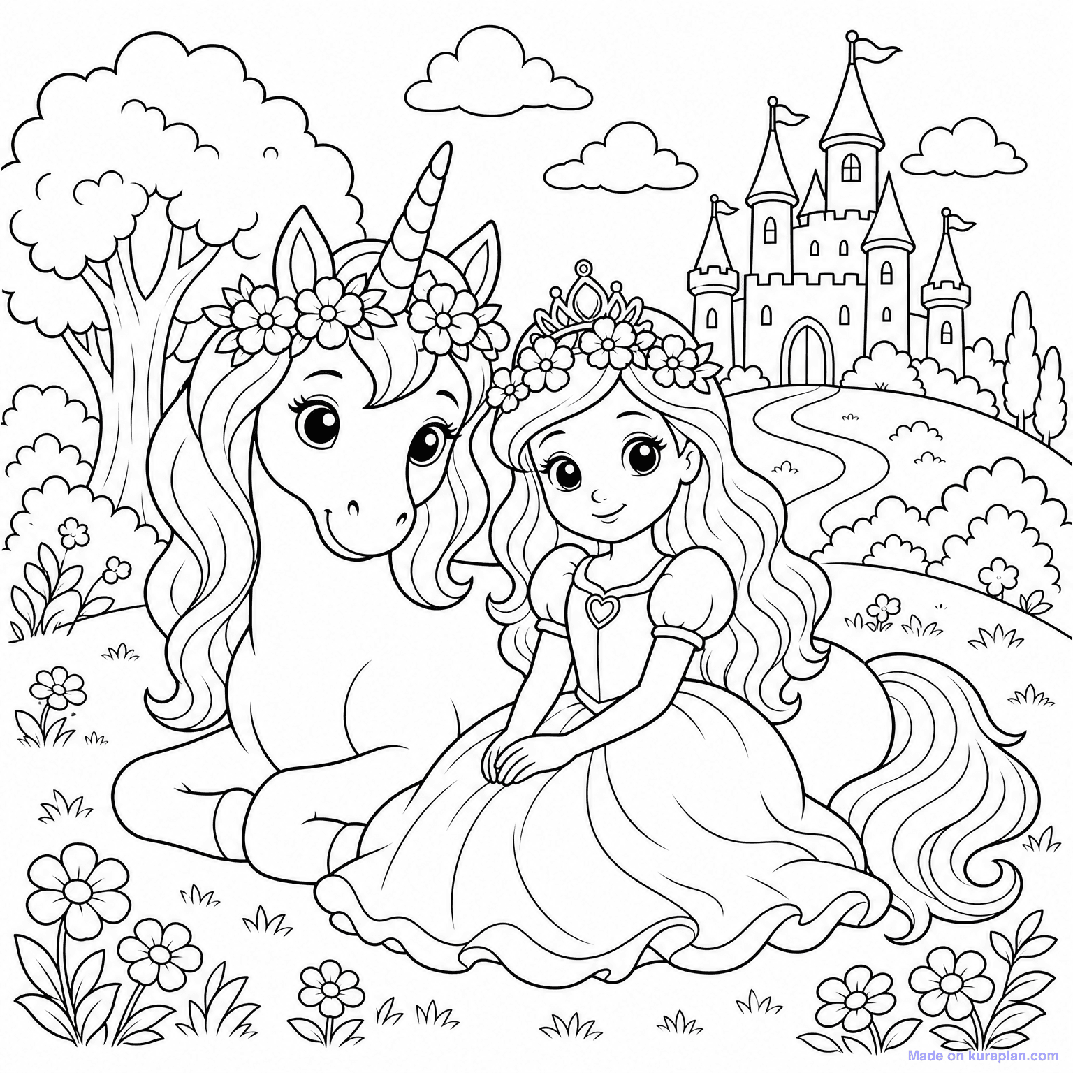 Unicorn with Princess — Coloring Page