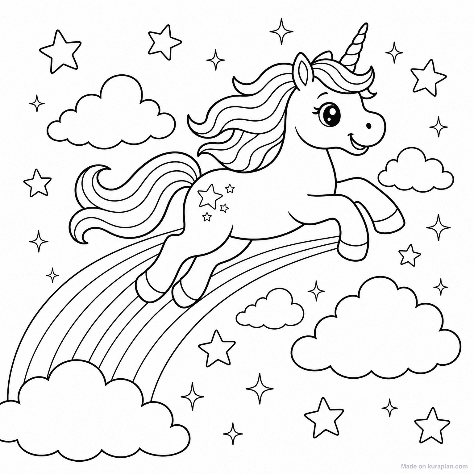 Unicorn Flying with Rainbow — Coloring Page