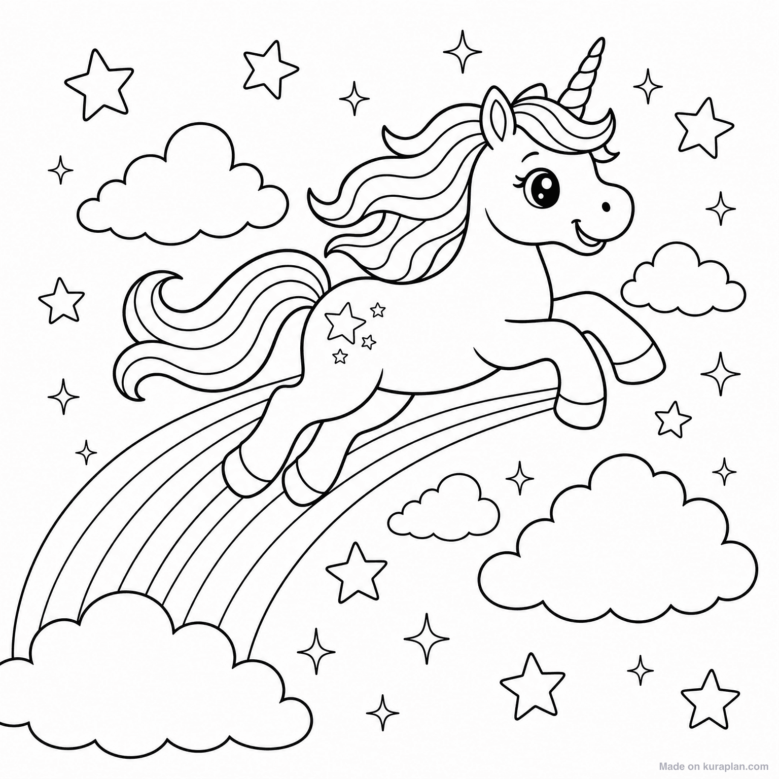 Unicorn Flying with Rainbow — Coloring Page