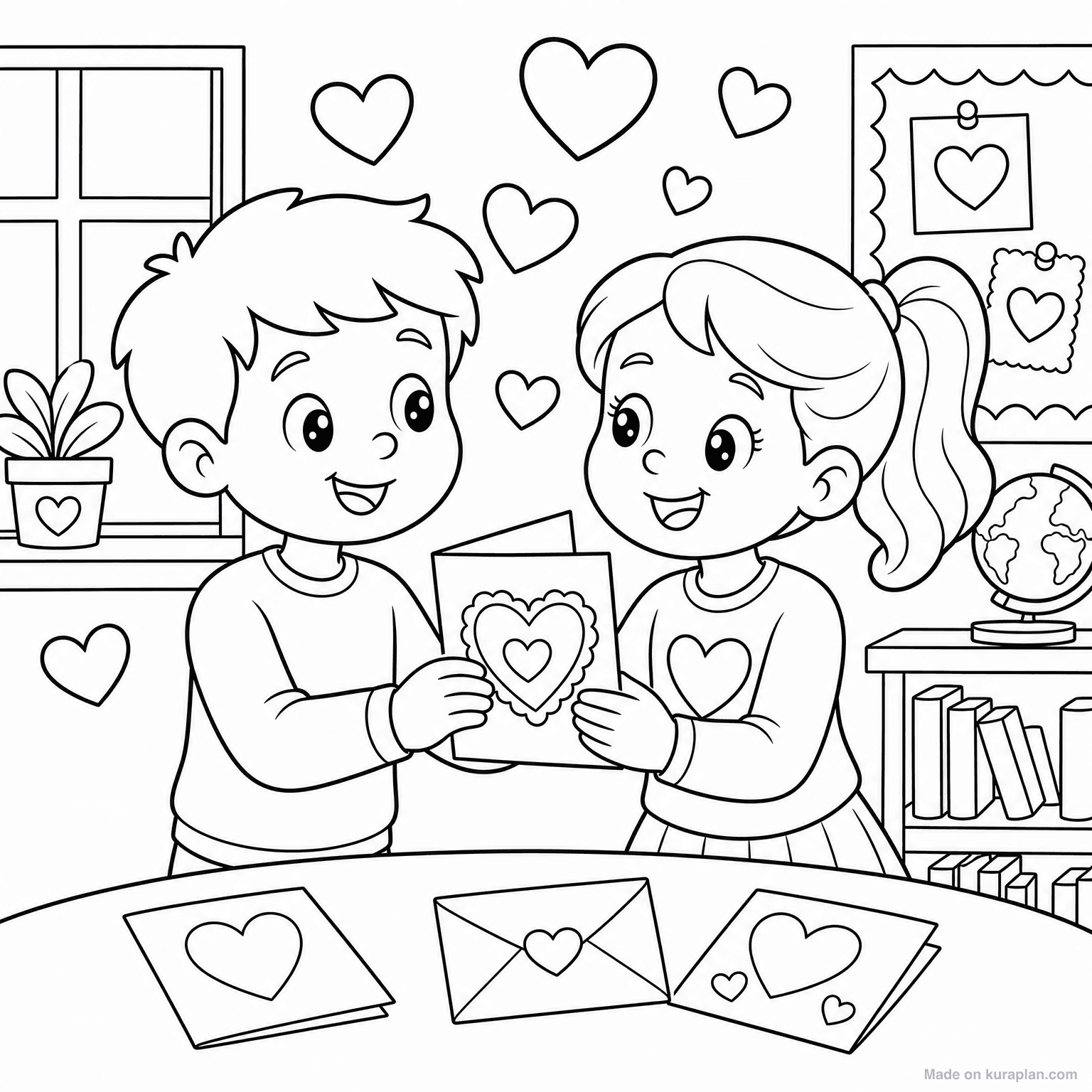 Kids Sharing Valentine Cards — Coloring Page