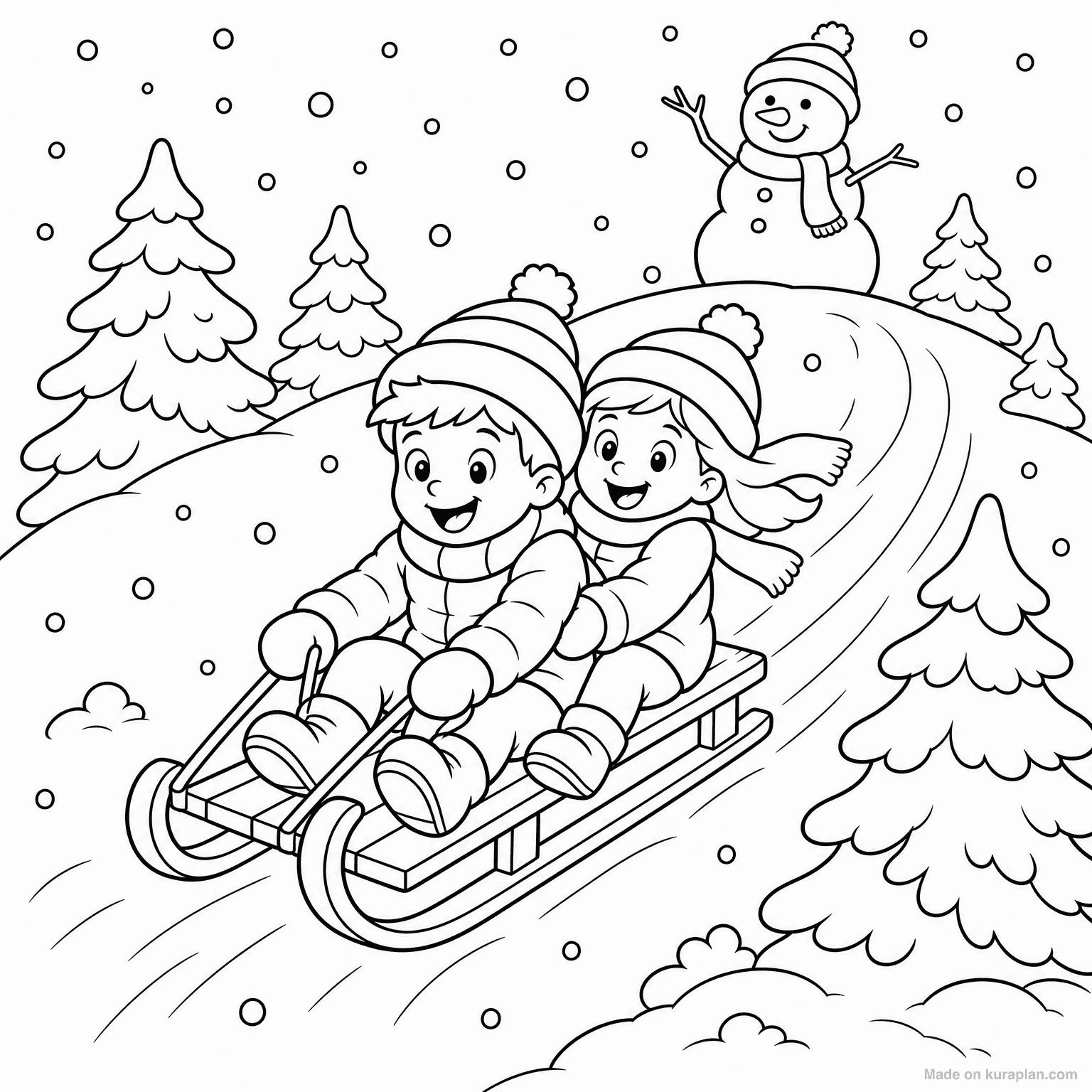 Kids Sledding Down Hill — Coloring Page