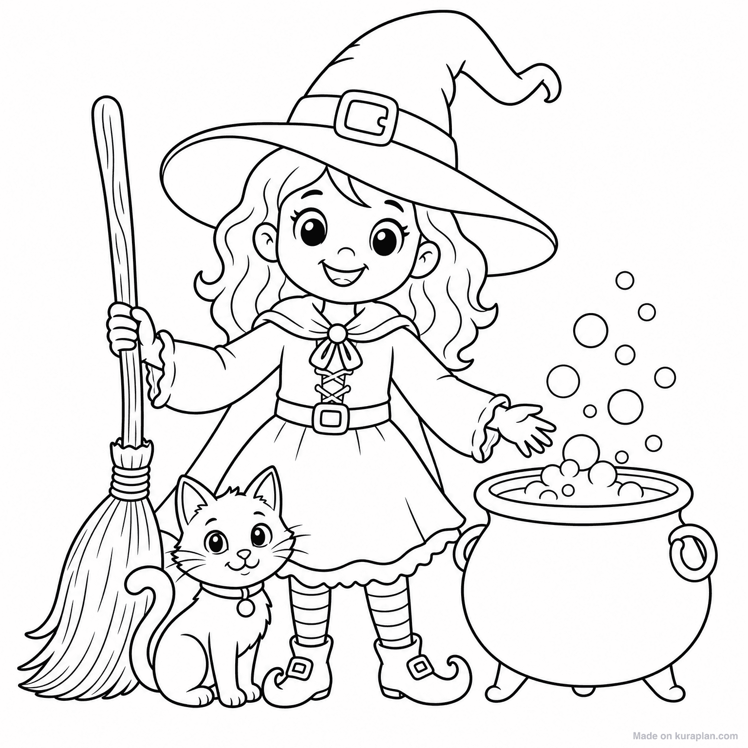 Friendly Witch with Cat — Coloring Page