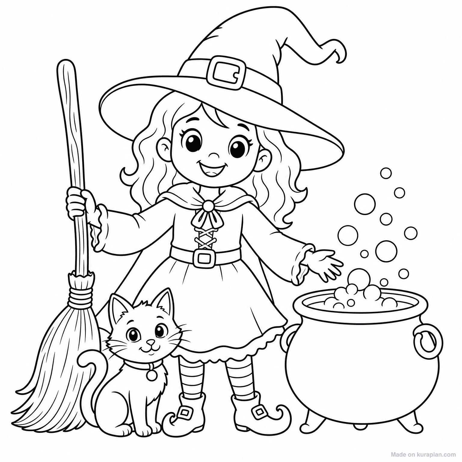 Friendly Witch with Cat — Coloring Page