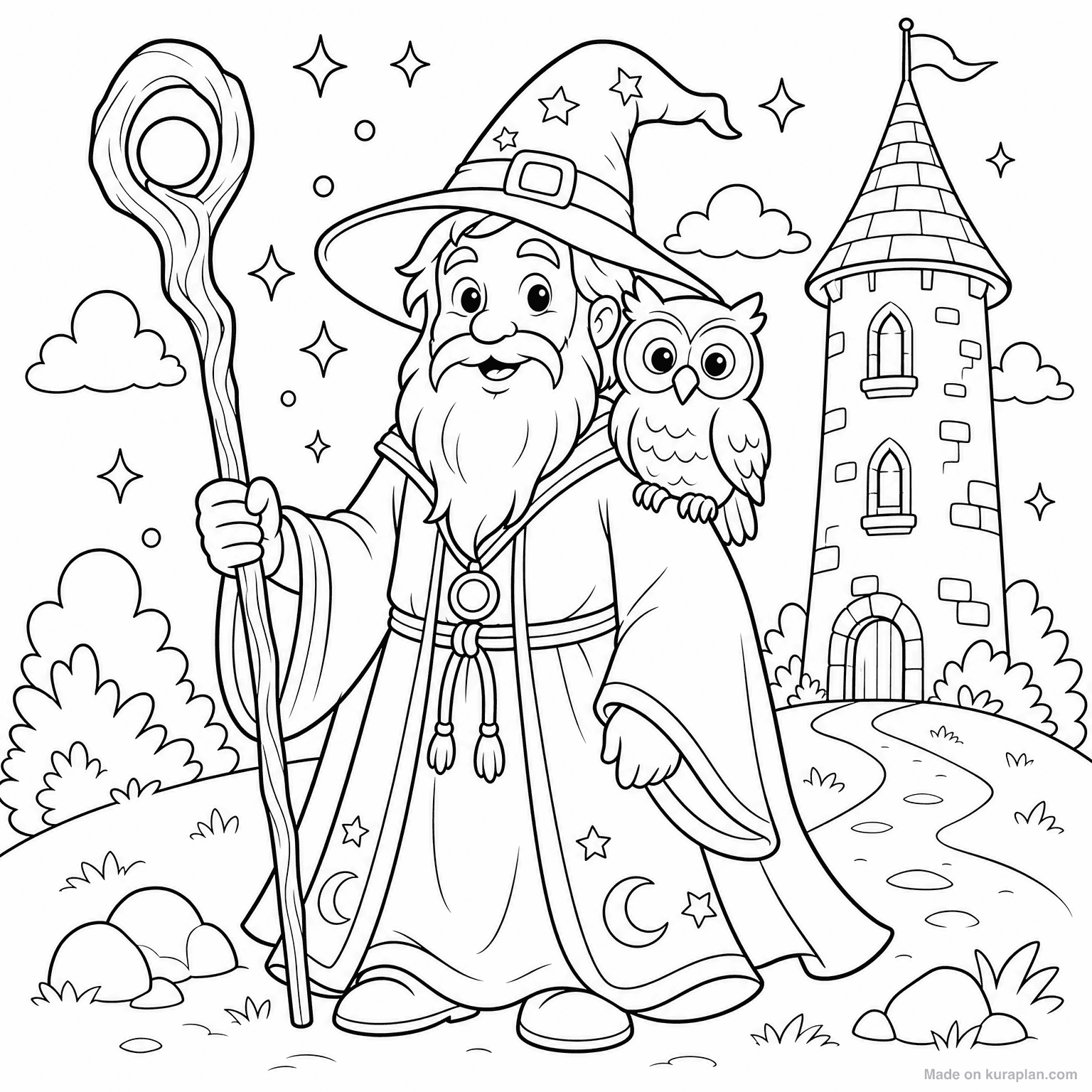 Wizard with Owl Familiar — Coloring Page