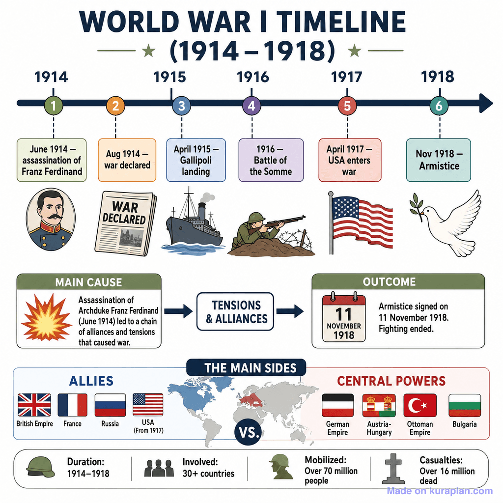 World War I Timeline (1914–1918) (detailed)