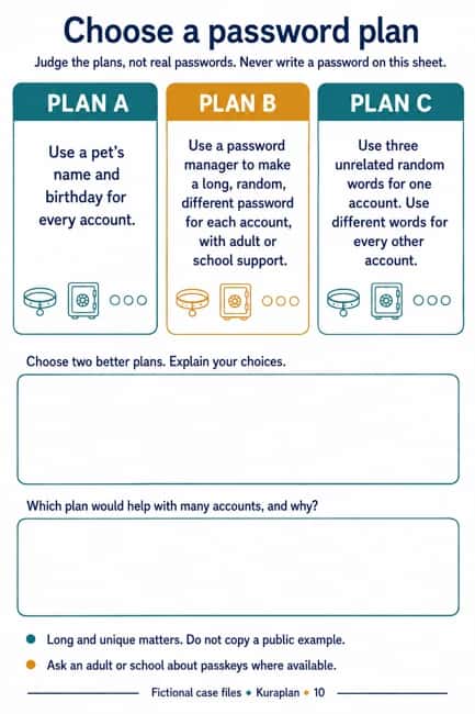 Choose a password plan. Compare long unique password strategies without disclosure.