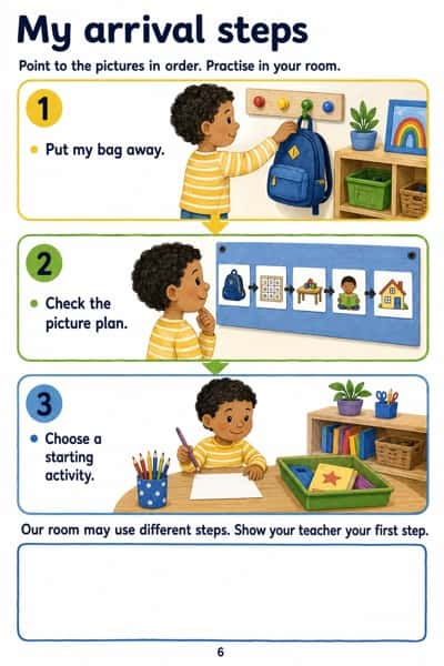 Three illustrated arrival steps: put a bag away, check a picture plan and choose an activity.