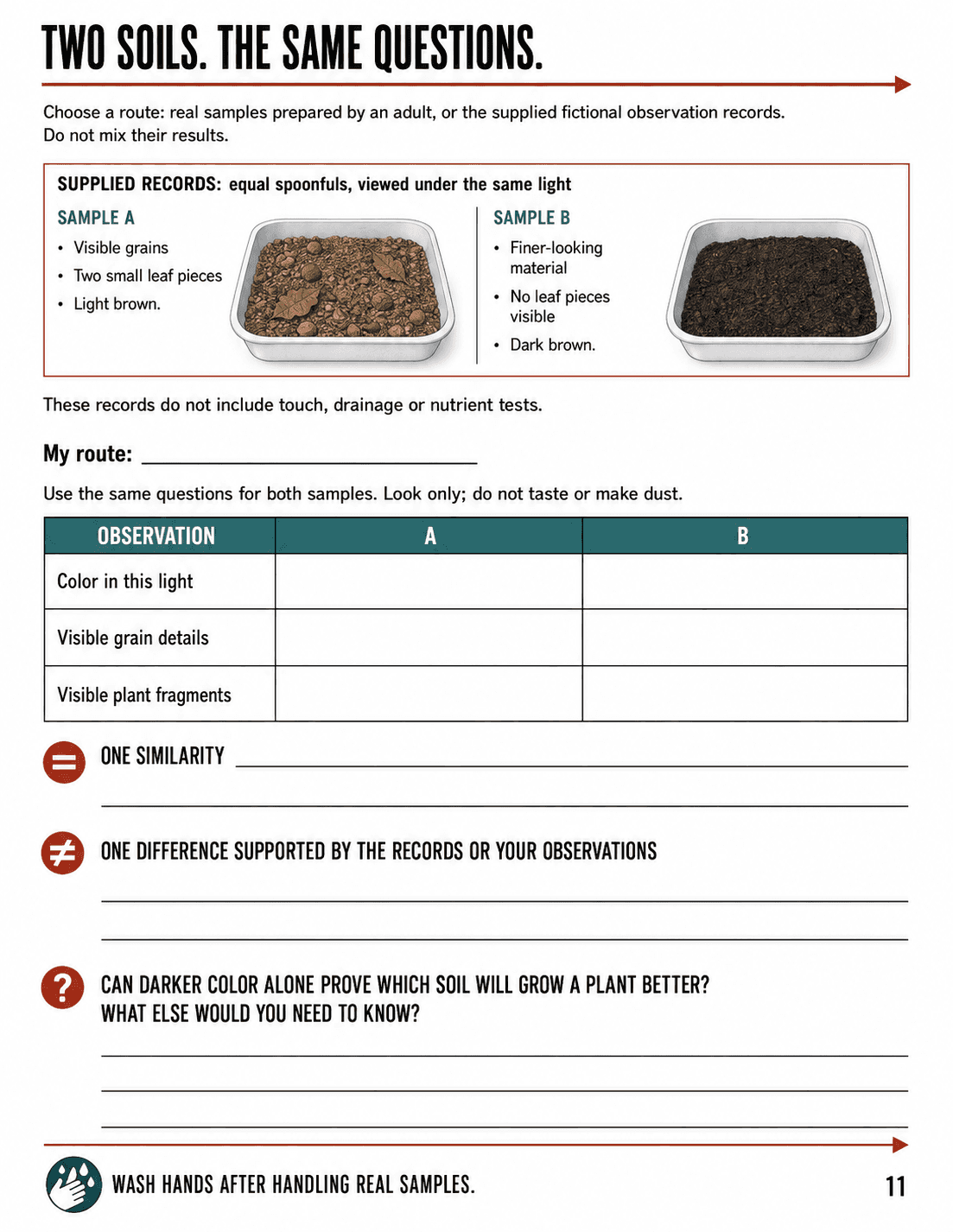 Compare two adult-prepared samples or supplied fictional records using the same visible-feature questions; do not infer nutrients from color.