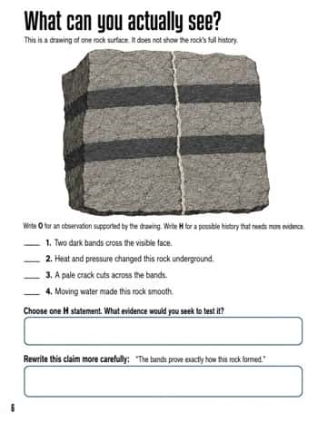 Use a two-banded rock drawing and a cross-cutting crack to separate visible observations from possible geological histories.