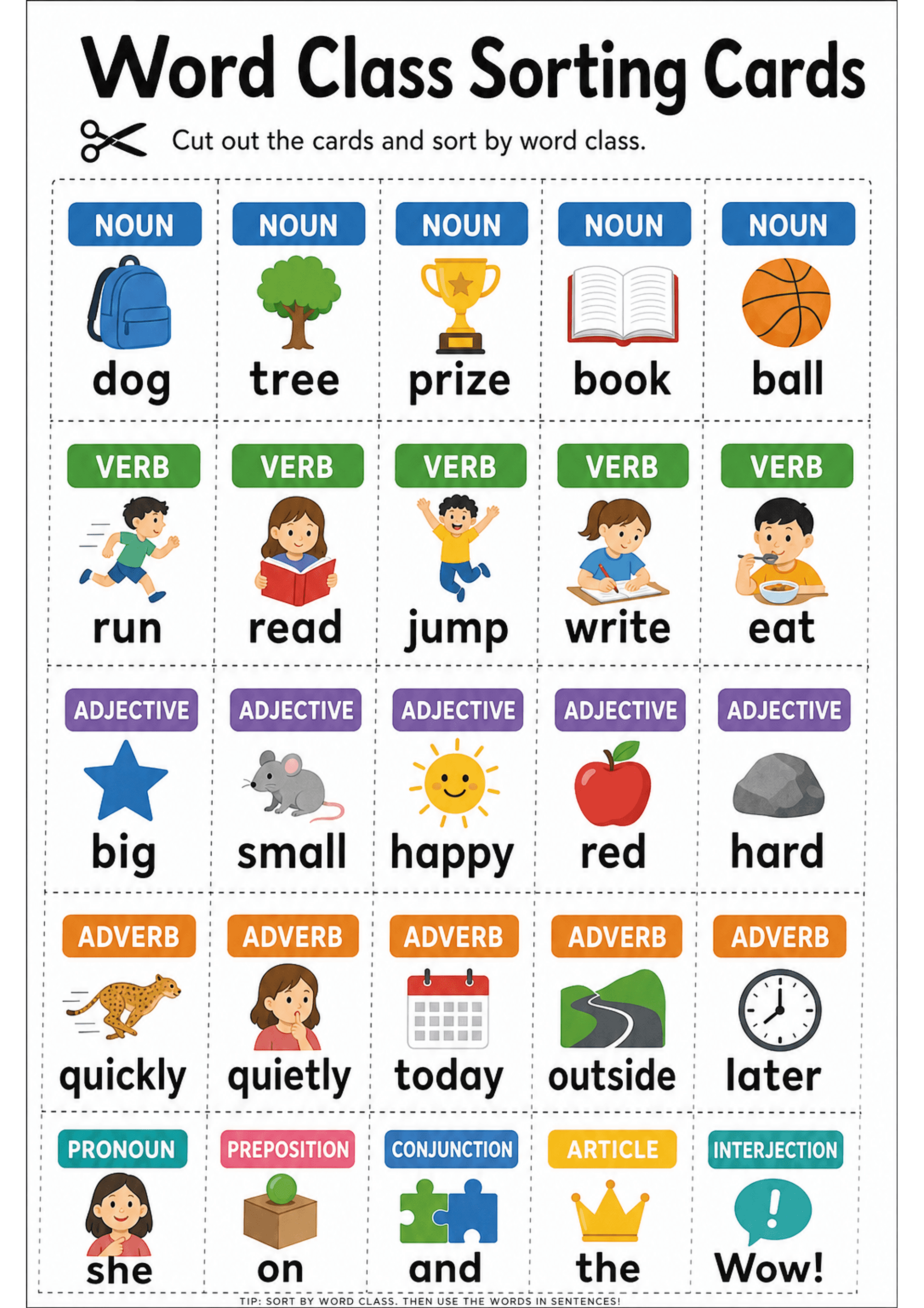 Word Class Sorting Cards: Portrait A4 sheet titled 'Word Class Sorting Cards' with instruction 'Cut out the cards and sort by word class.' Grid of dashed cut lines containing coloured header labels (NOUN, VERB, ADJECTIVE, ADVERB, PRONOUN, PREPOSITION, CONJUNCTION, ARTICLE, INTERJECTION). Each card shows a simple clip-art picture above a large, single-word label (examples visible: noun: dog, tree, prize, book, ball; verb: run, read, jump, write, eat; adjective: big, small, happy, red, hard; adve...