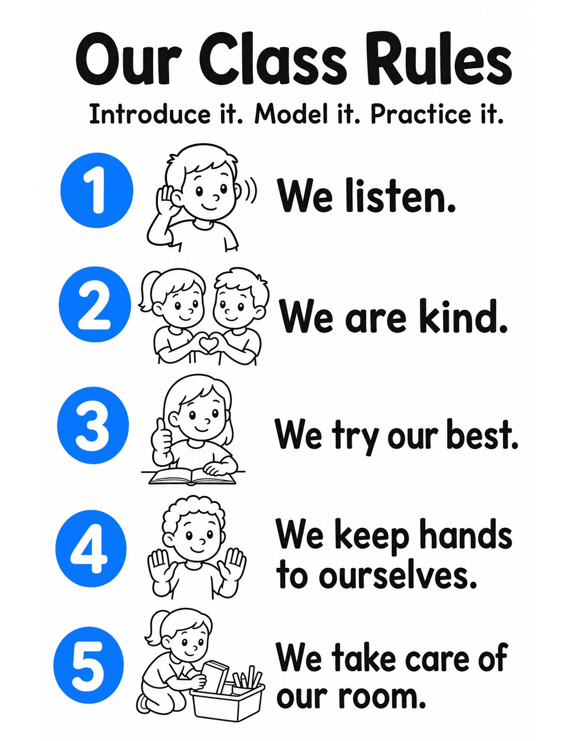US Letter K-2 printable: Our Class Rules. Classroom rules poster with five simple K-2 rules and matching icons.