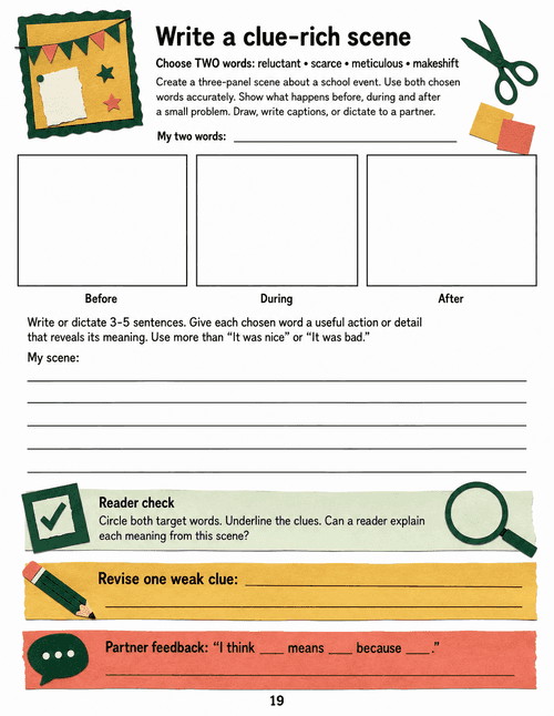 Three blank storyboard panels and ruled writing spaces scaffold a clue-rich scene and peer revision.