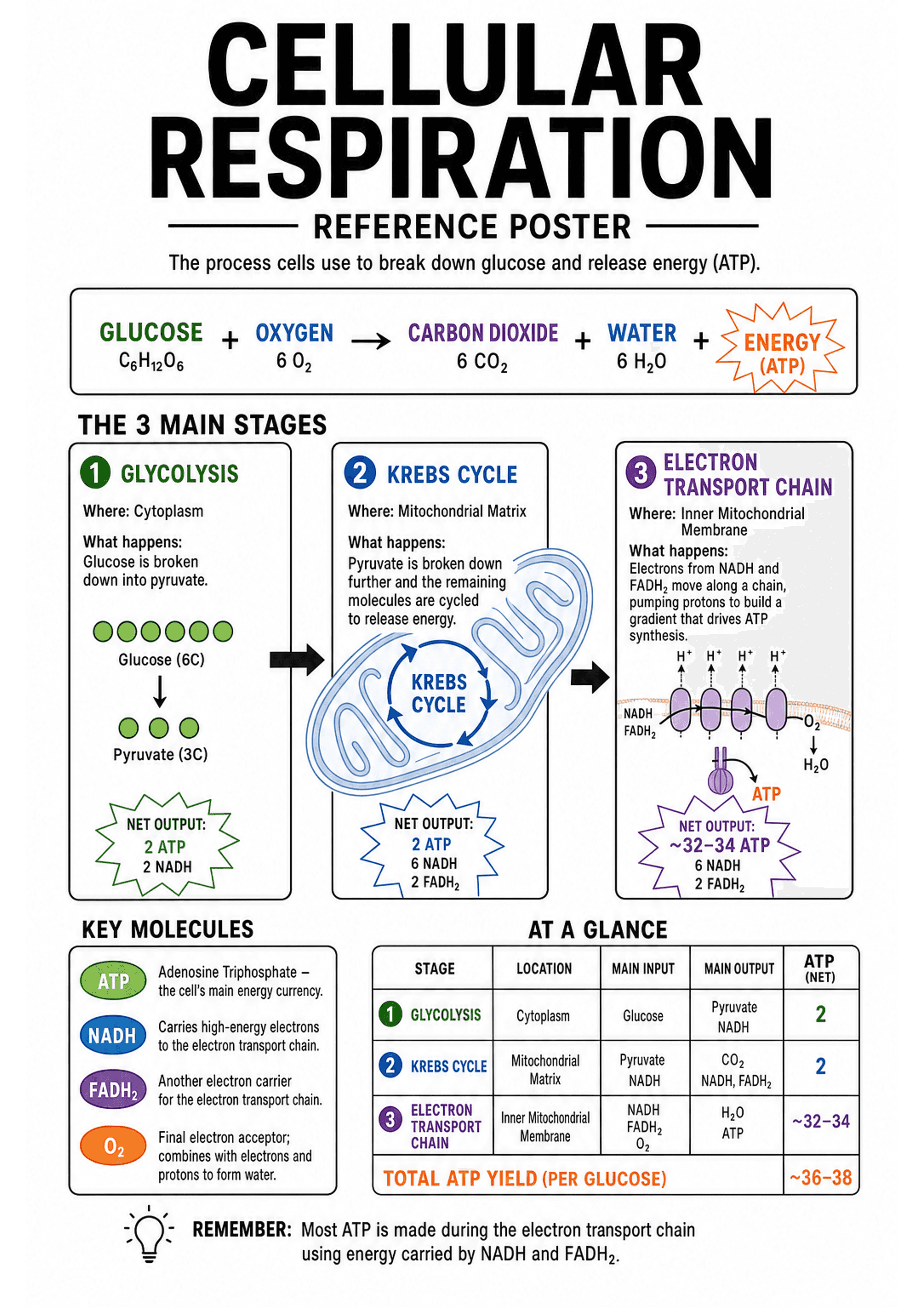 Cellular Respiration Reference Poster: Large title 'CELLULAR RESPIRATION' and subtitle 'Reference Poster'; balanced chemical equation (C6H12O6 + 6O2 → 6CO2 + 6H2O + ENERGY (ATP)) with stoichiometry; three numbered vertical panels: 1 Glycolysis (Where: cytoplasm, diagram: glucose → pyruvate, net output 2 ATP, 2 NADH), 2 Krebs Cycle (Where: mitochondrial matrix, mitochondrion graphic with circular Krebs cycle, net output 2 ATP, 6 NADH, 2 FADH2), 3 Electron Transport Chain (Where: inner mitochondr...