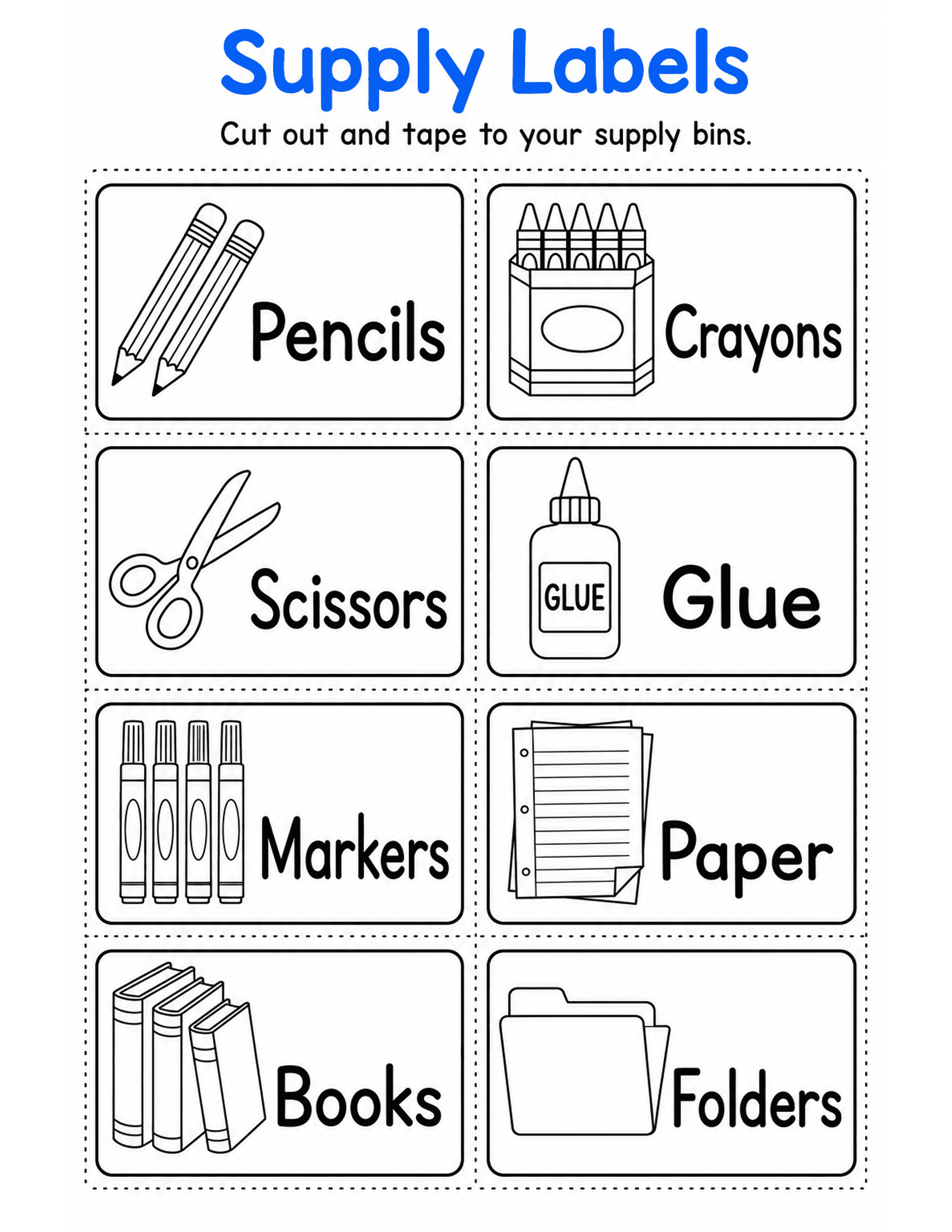 US Letter K-2 printable: Supply Labels. Eight cut-out supply bin labels with icons: pencils, crayons, scissors, glue, markers, paper, books, folders.
