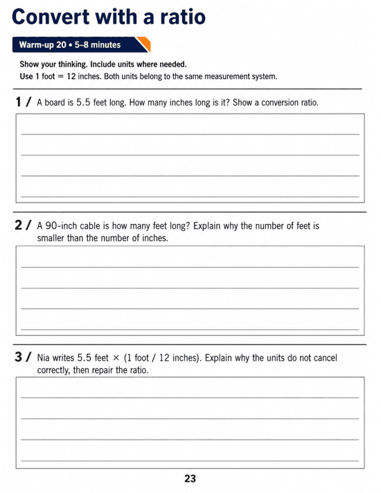 Convert with a ratio: Grade 6 math warm-up. Convert feet to inches and inches to feet using a supplied reference fact, then explain the direction of the conversion ratio. Includes three numbered tasks and space to explain reasoning.