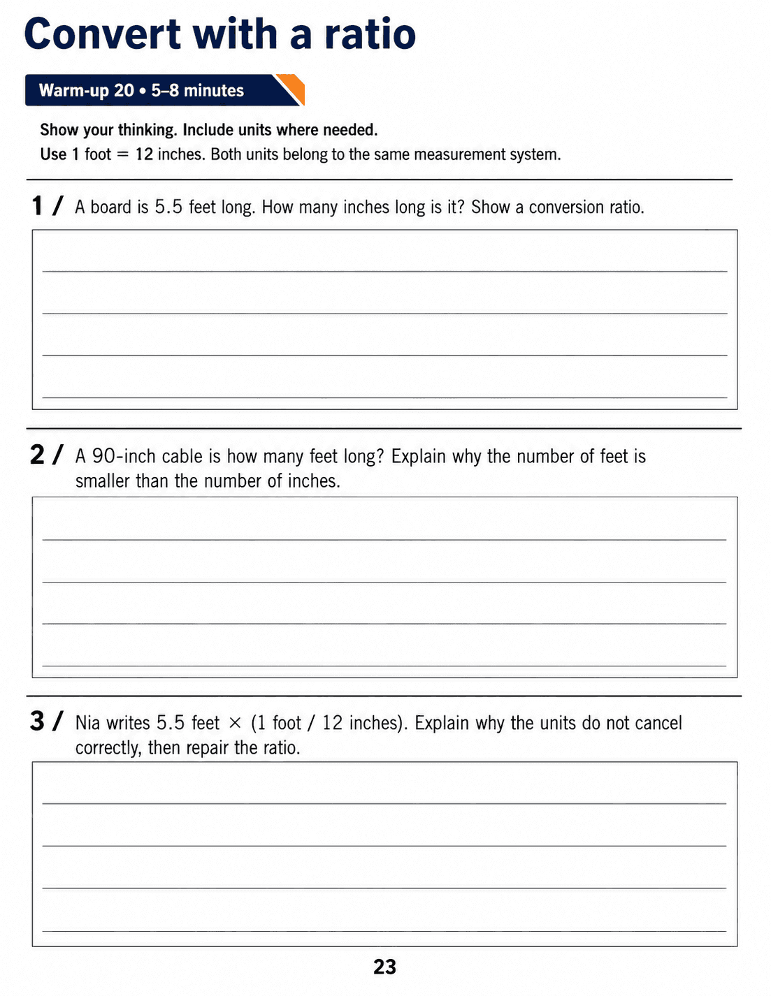 Convert with a ratio: Grade 6 math warm-up. Convert feet to inches and inches to feet using a supplied reference fact, then explain the direction of the conversion ratio. Includes three numbered tasks and space to explain reasoning.