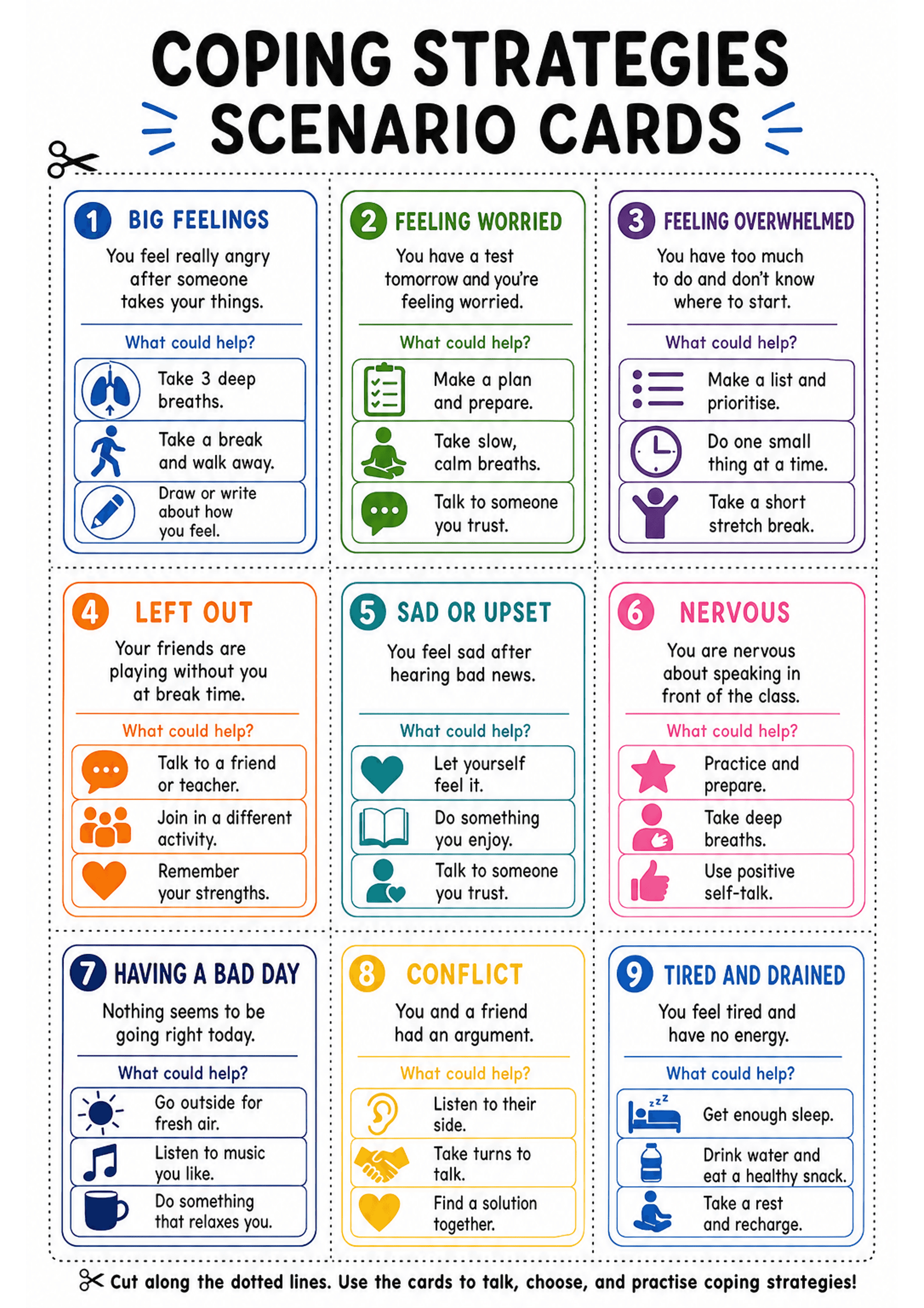 Coping Strategies Scenario Cards: A single A4 page with a large title 'Coping Strategies Scenario Cards' and dotted cut lines dividing the page into nine rectangular, colour-bordered cards numbered 1–9. Each card has a bold coloured heading (scenario name), one or two lines describing the situation, a 'What could help?' prompt line, and three boxed suggestions with small icons (lungs/breathing, walking figure, pencil, clipboard, meditation pose, chat bubble, list icon, clock, star, heart, book,...
