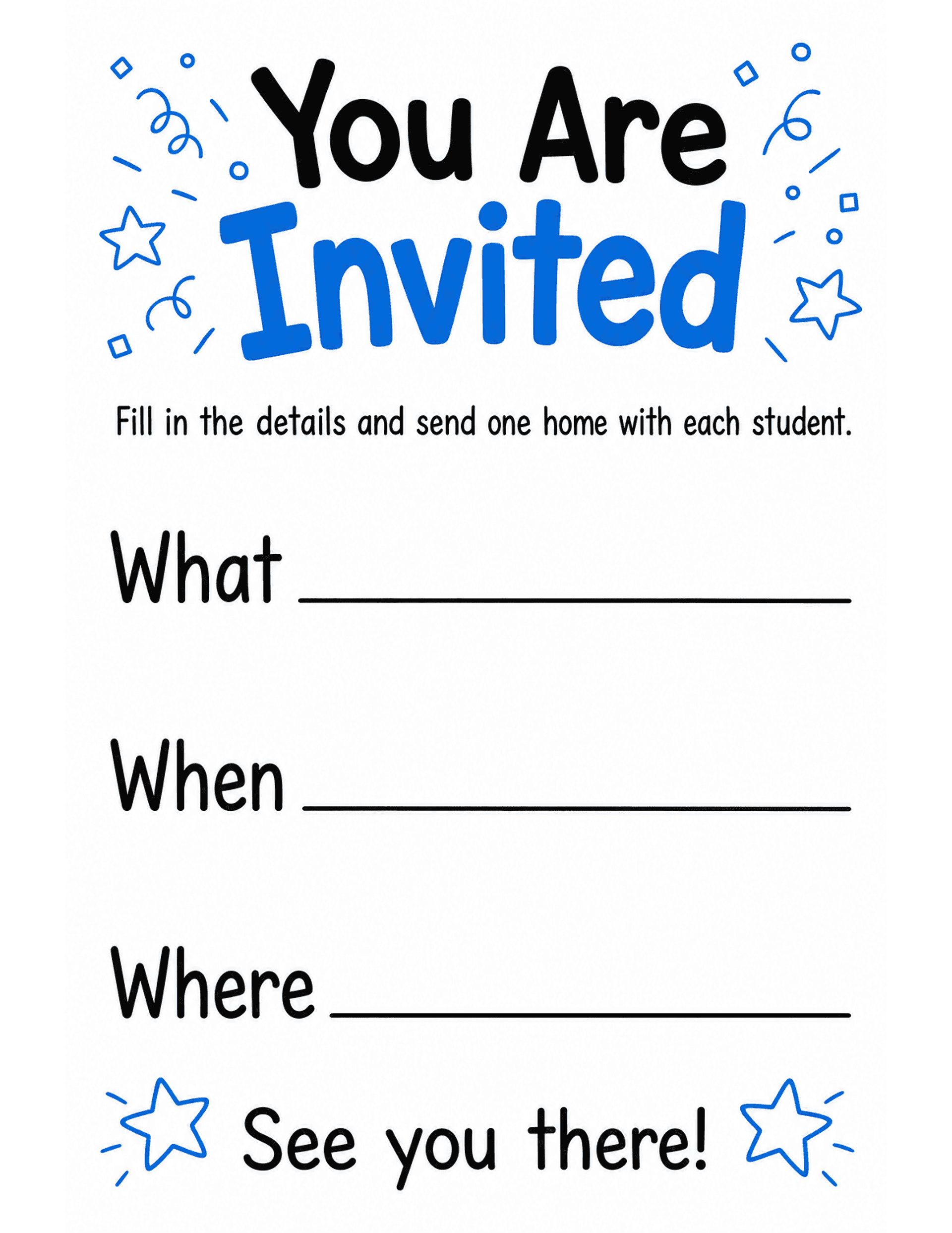 US Letter K-2 printable: You Are Invited. Fill-in invitation template for meet-the-teacher night or open house.