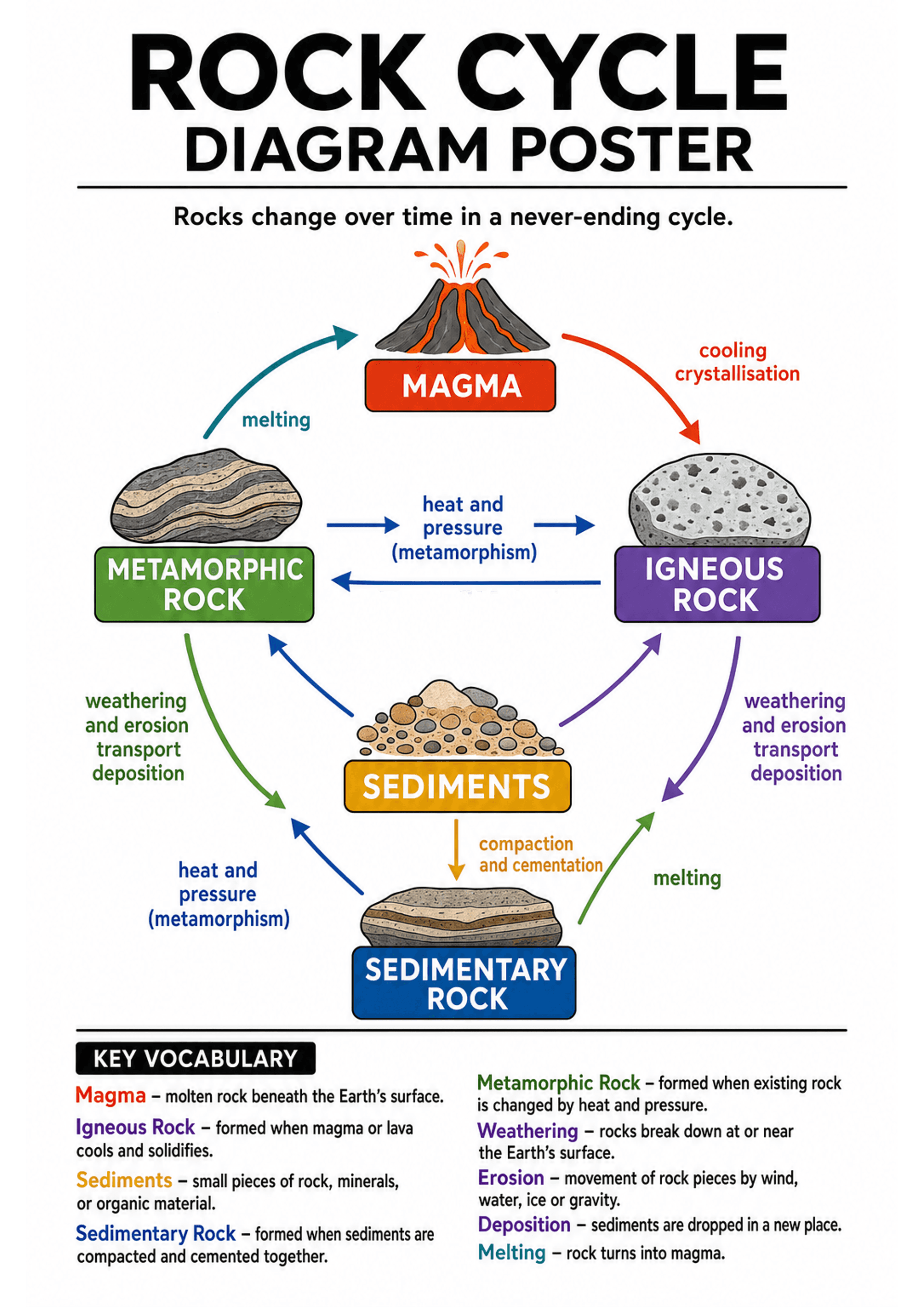 Rock Cycle Diagram Poster: Large title at top, short subtitle sentence, a central circular diagram with illustrated icons: MAGMA (volcano), IGNEOUS ROCK (grey rock), SEDIMENTS (pile of small pieces), SEDIMENTARY ROCK (layered rock), METAMORPHIC ROCK (banded rock). Colour-coded arrows connect items with labelled processes (melting; cooling/crystallisation; weathering and erosion transport deposition; compaction and cementation; heat and pressure (metamorphism)). Bottom section contains a 'KEY VO...
