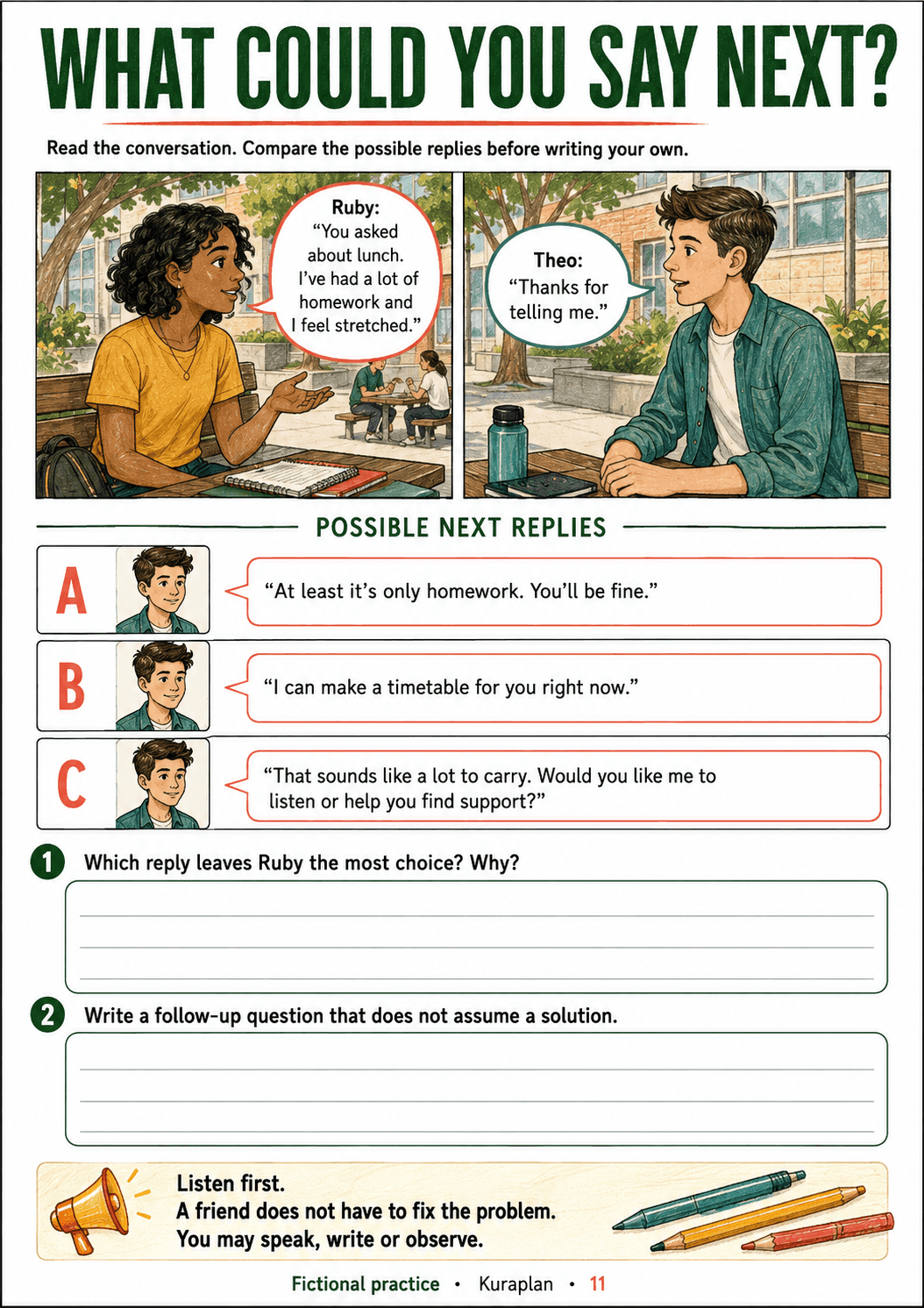 What could you say next?. Choose a listening response and write a follow-up without taking over
