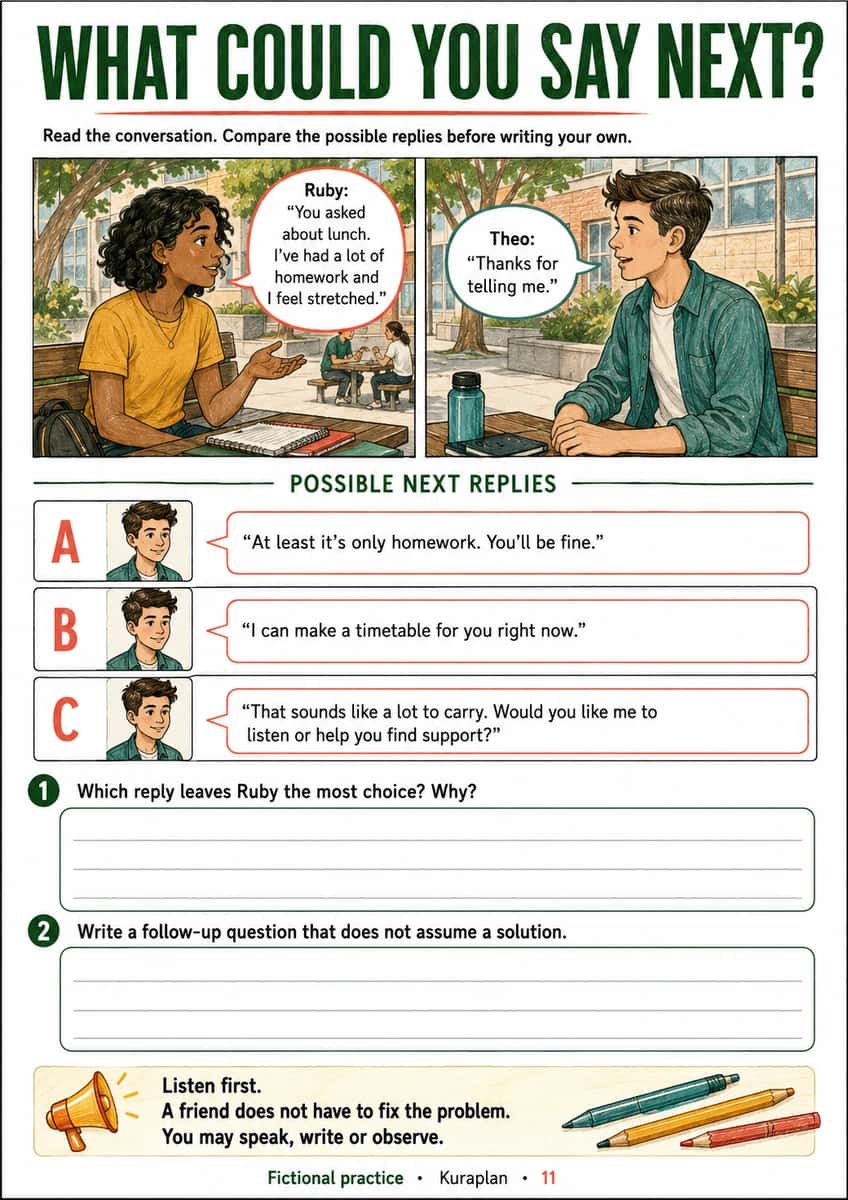 What could you say next?. Choose a listening response and write a follow-up without taking over