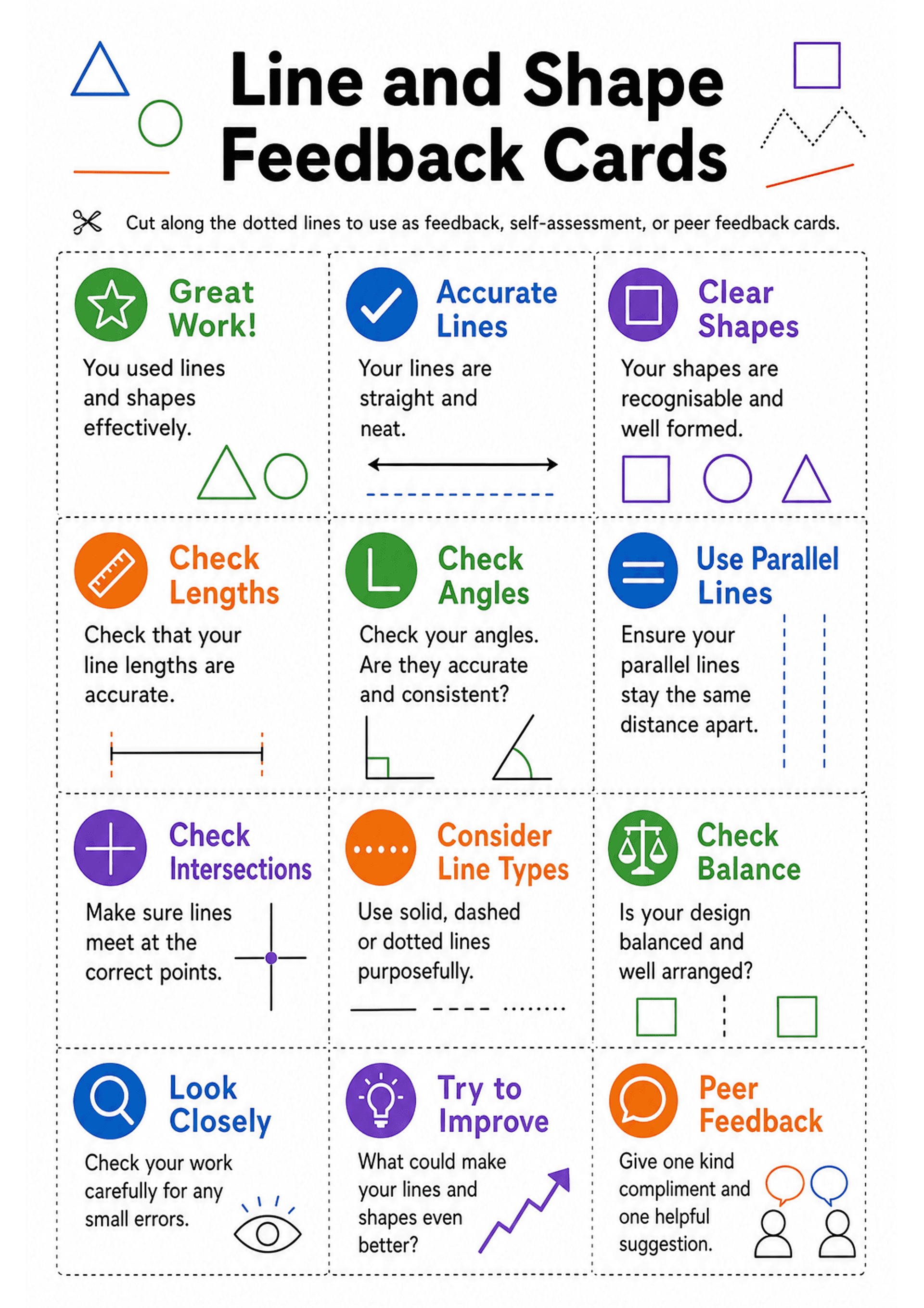 Line and Shape Feedback Cards: A portrait A4 sheet with the header 'Line and Shape Feedback Cards' and an instruction to cut along dotted lines. The sheet contains a 3x4 grid of rectangular, dotted cut-out cards. Each card has a coloured circular icon, a bold title (e.g., 'Great Work!', 'Accurate Lines', 'Clear Shapes', 'Check Lengths', 'Check Angles', 'Use Parallel Lines', 'Check Intersections', 'Consider Line Types', 'Check Balance', 'Look Closely', 'Try to Improve', 'Peer Feedback'), one or...