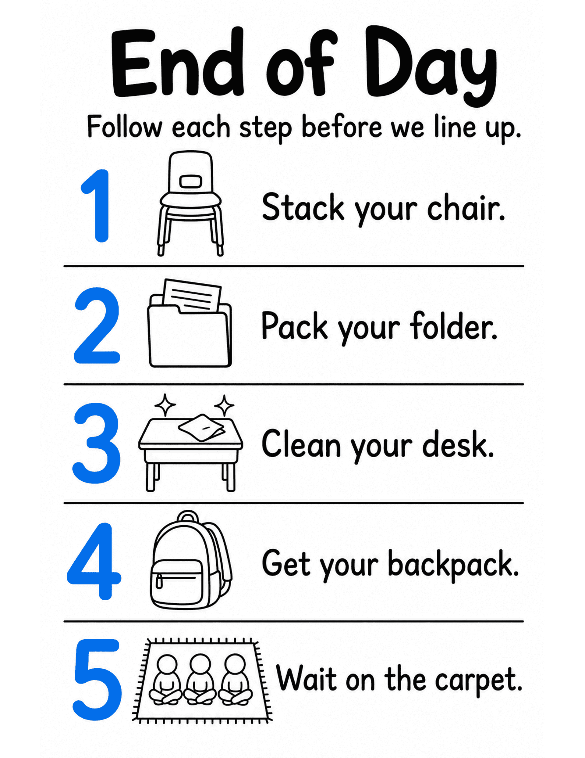 US Letter K-2 printable: End of Day. Pack-up routine checklist poster with five icon steps.