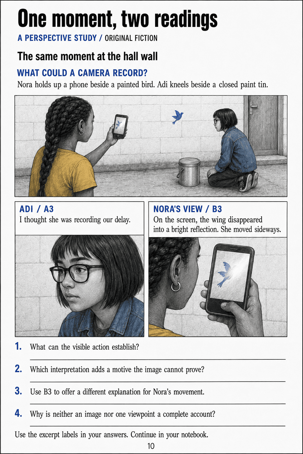 Adi observes Nora holding a phone near a blue wall bird; paired excerpts and four questions compare what is seen and inferred.