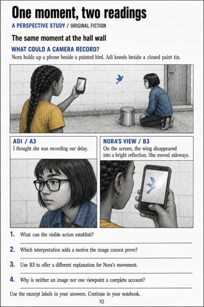 Adi observes Nora holding a phone near a blue wall bird; paired excerpts and four questions compare what is seen and inferred.