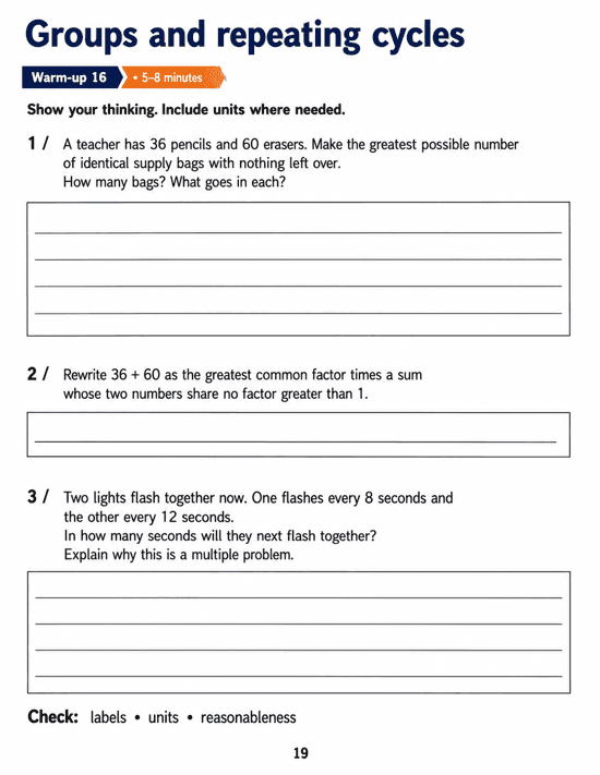 Groups and repeating cycles: Grade 6 math warm-up. Find the greatest number of identical supply bags, express the totals with a common factor and determine when two repeating signals coincide. Includes three numbered tasks and space to explain reasoning.
