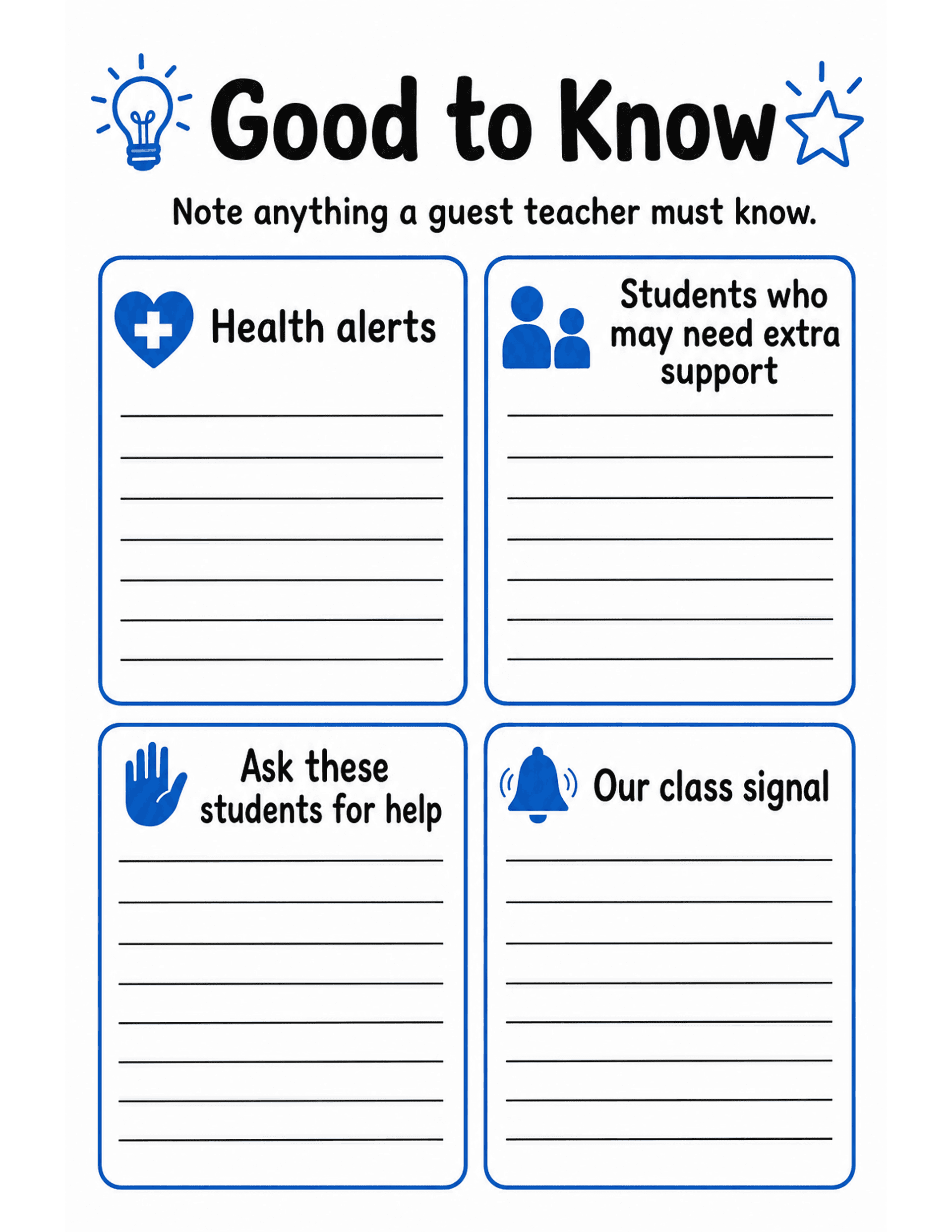 US Letter K-2 printable: Good to Know. Sub binder page for key students, health notes, and go-to helpers.