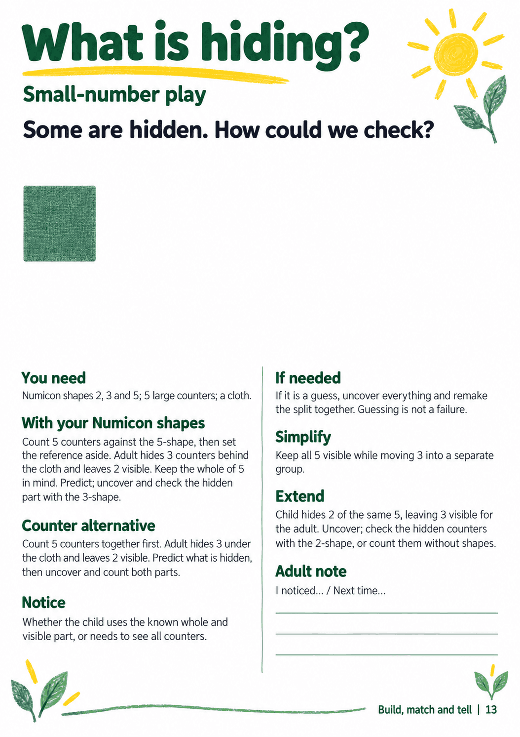 A4 adult guide, “What is hiding?”, with material lists, Numicon and counter routes, checking prompts and space for a brief adult note.