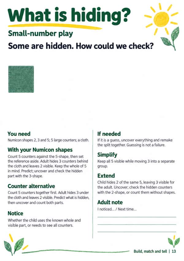 A4 adult guide, “What is hiding?”, with material lists, Numicon and counter routes, checking prompts and space for a brief adult note.