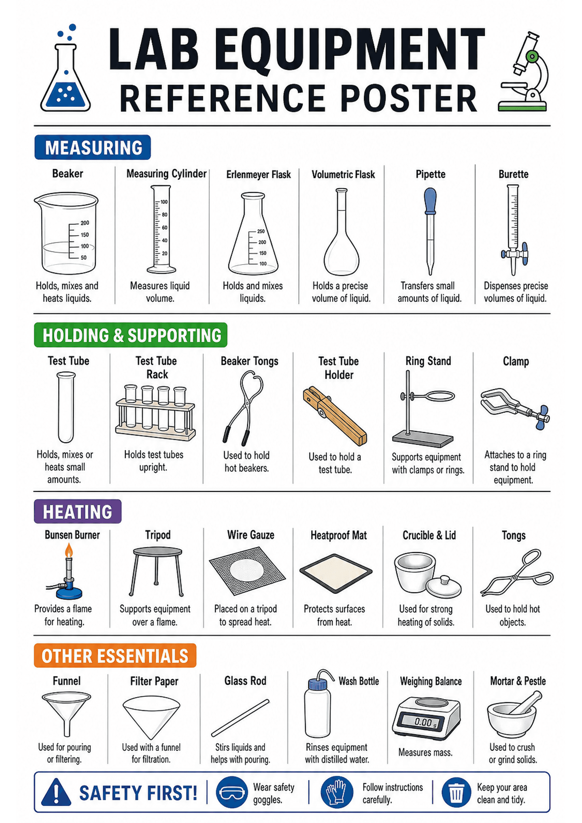 Lab Equipment Reference Poster: Large title 'LAB EQUIPMENT REFERENCE POSTER' across the top; four horizontal sections with coloured headings: 'MEASURING' (Beaker, Measuring Cylinder, Erlenmeyer Flask, Volumetric Flask, Pipette, Burette — each with an icon and a one-line caption), 'HOLDING & SUPPORTING' (Test Tube, Test Tube Rack, Beaker Tongs, Test Tube Holder, Ring Stand, Clamp), 'HEATING' (Bunsen Burner, Tripod, Wire Gauze, Heatproof Mat, Crucible & Lid, Tongs) and 'OTHER ESSENTIALS' (Funnel,...