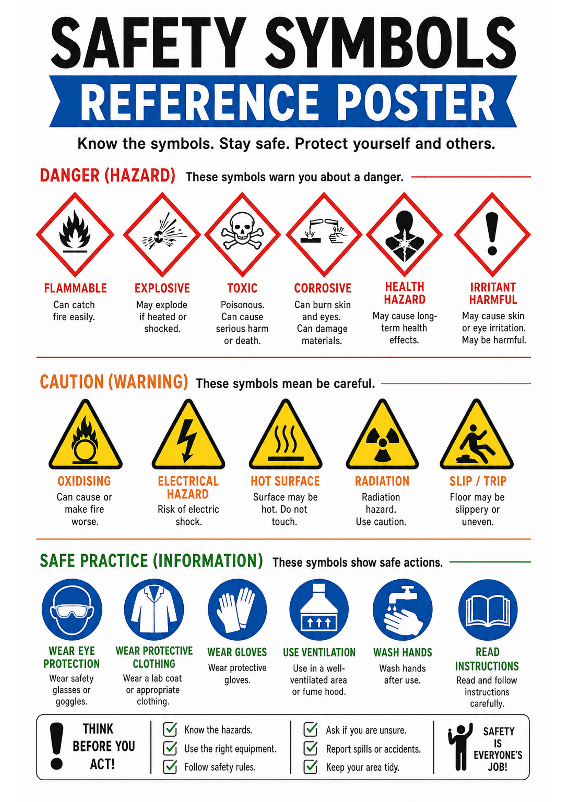 Safety Symbols Reference Poster: Bold header 'Safety Symbols Reference Poster'; three main horizontal sections: DANGER (red diamond icons with labels and one-line explanations: Flammable, Explosive, Toxic, Corrosive, Health Hazard, Irritant/Harmful), CAUTION (yellow triangle icons: Oxidising, Electrical Hazard, Hot Surface, Radiation, Slip/Trip) and SAFE PRACTICE (blue circular icons: Wear eye protection, Wear protective clothing, Wear gloves, Use ventilation, Wash hands, Read instructions). Bo...