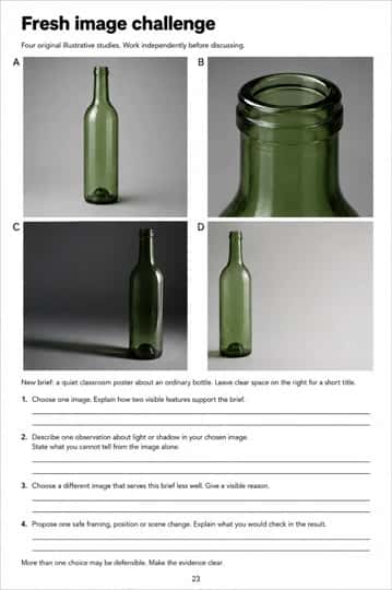 Choose among four bottle studies for a classroom poster brief, support a light observation, reject an alternative and propose a safe revision.