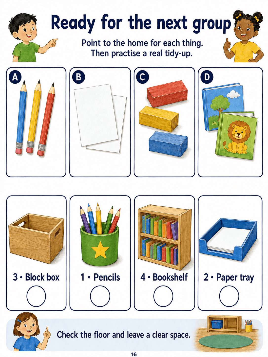 Four groups of objects above shuffled storage pictures with neutral borders.