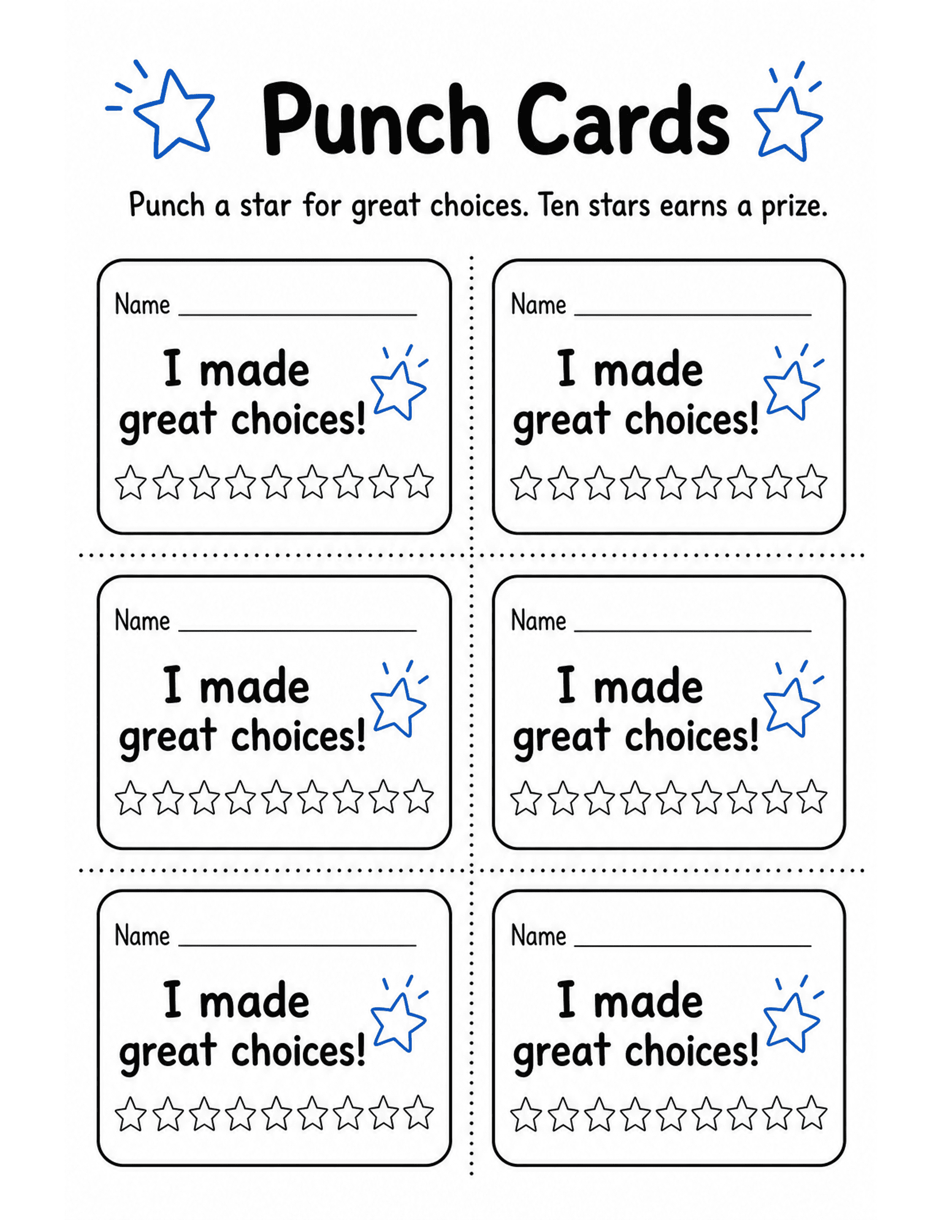 US Letter K-2 printable: Punch Cards. Six cut-out reward punch cards with ten star punch spots each.