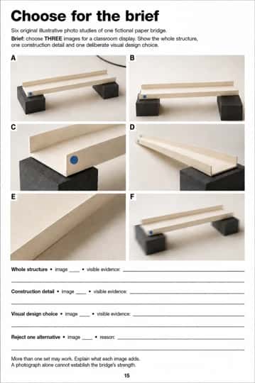 Choose three complementary images from a six-image contact sheet to show a paper bridge, one construction detail and a deliberate visual choice. Explain one rejected alternative.