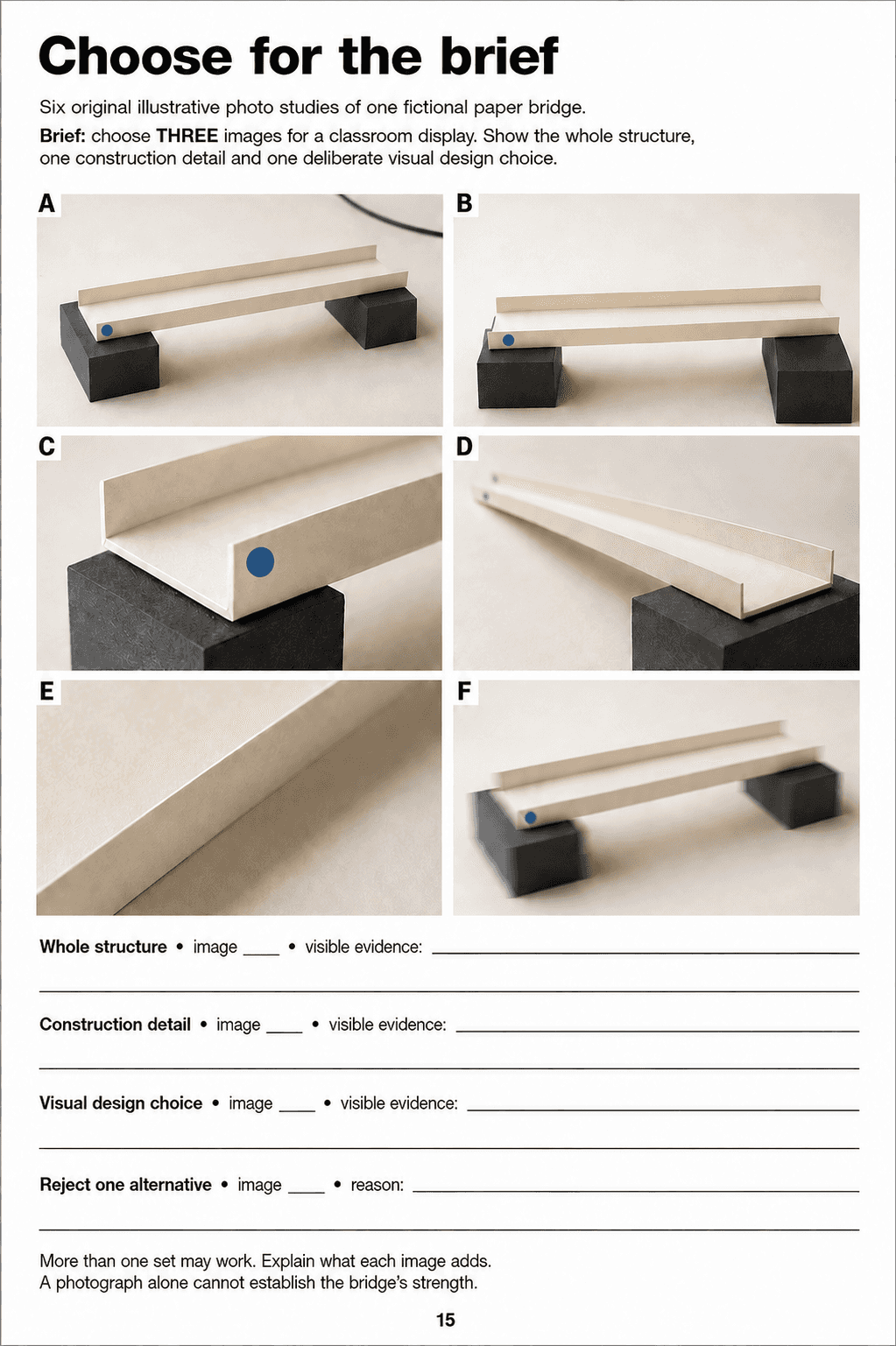 Choose three complementary images from a six-image contact sheet to show a paper bridge, one construction detail and a deliberate visual choice. Explain one rejected alternative.
