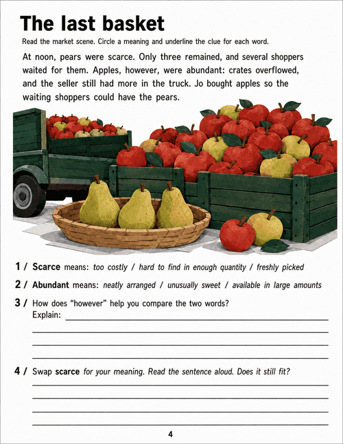 Exactly three pears in a basket beside overflowing apple crates, with contrast-clue questions.