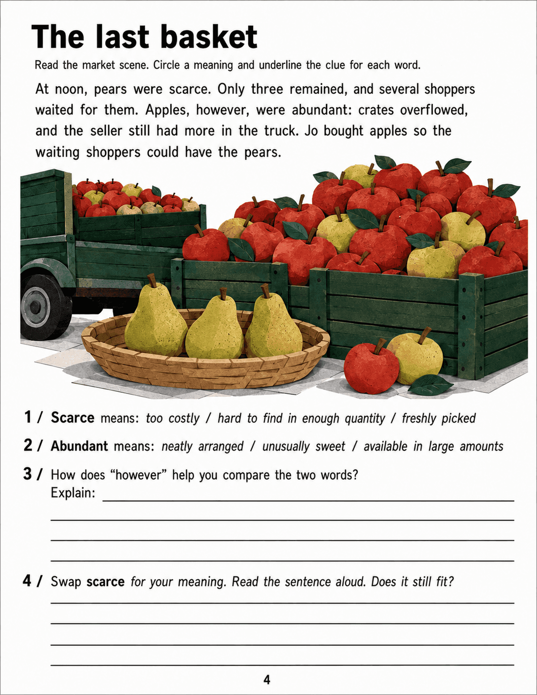Exactly three pears in a basket beside overflowing apple crates, with contrast-clue questions.