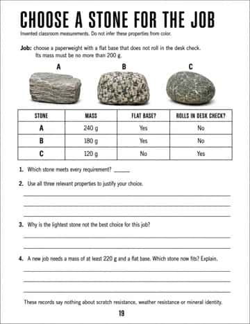Choose stones for two jobs using invented mass, flat-base and rolling records. Explain why a useful choice depends on the job's requirements.