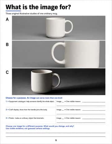 Compare three illustrative mug studies for catalogue, craft-display and poster purposes. Justify choices and propose a change for a new purpose.