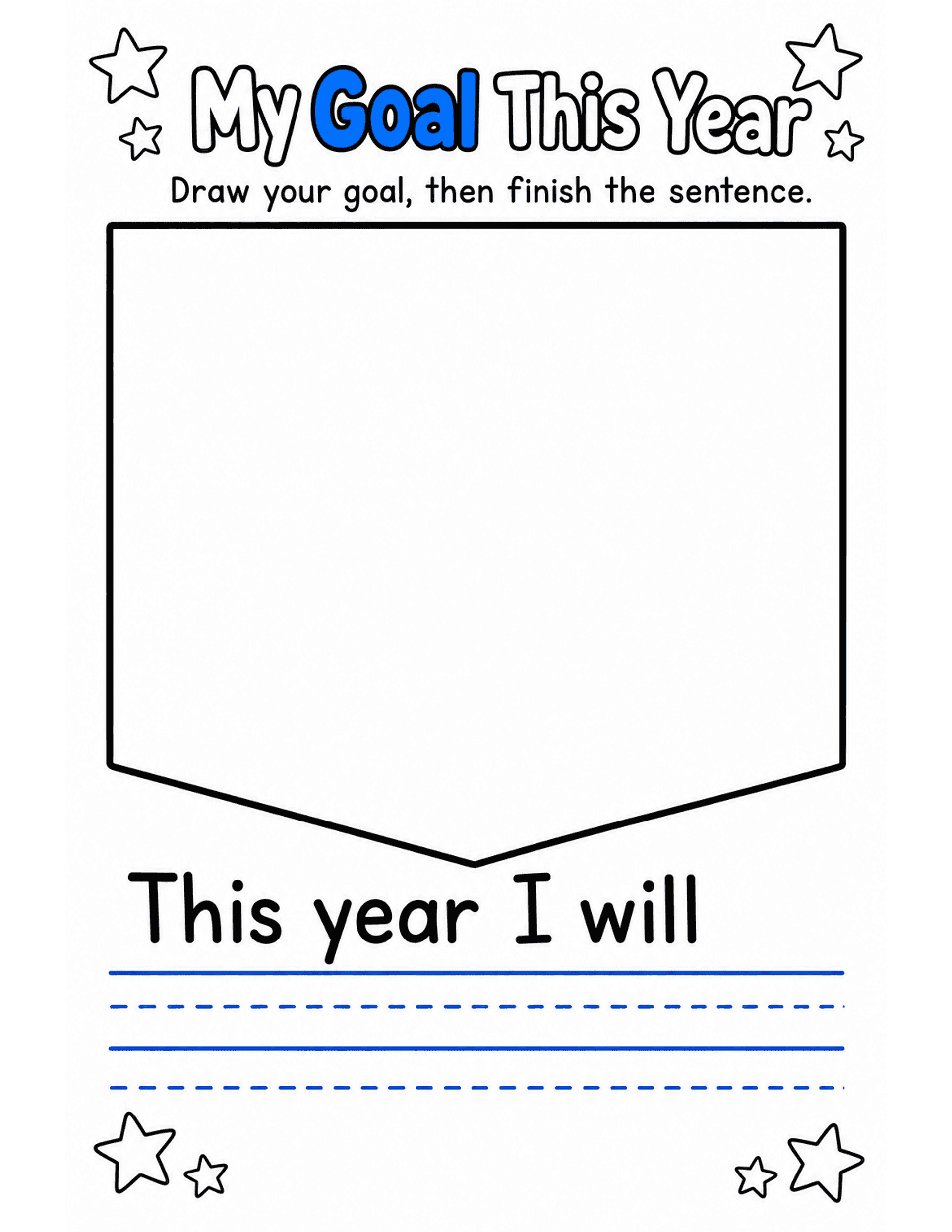 US Letter K-2 printable: My Goal This Year. Goal-setting sheet: draw your goal and finish the sentence starter.