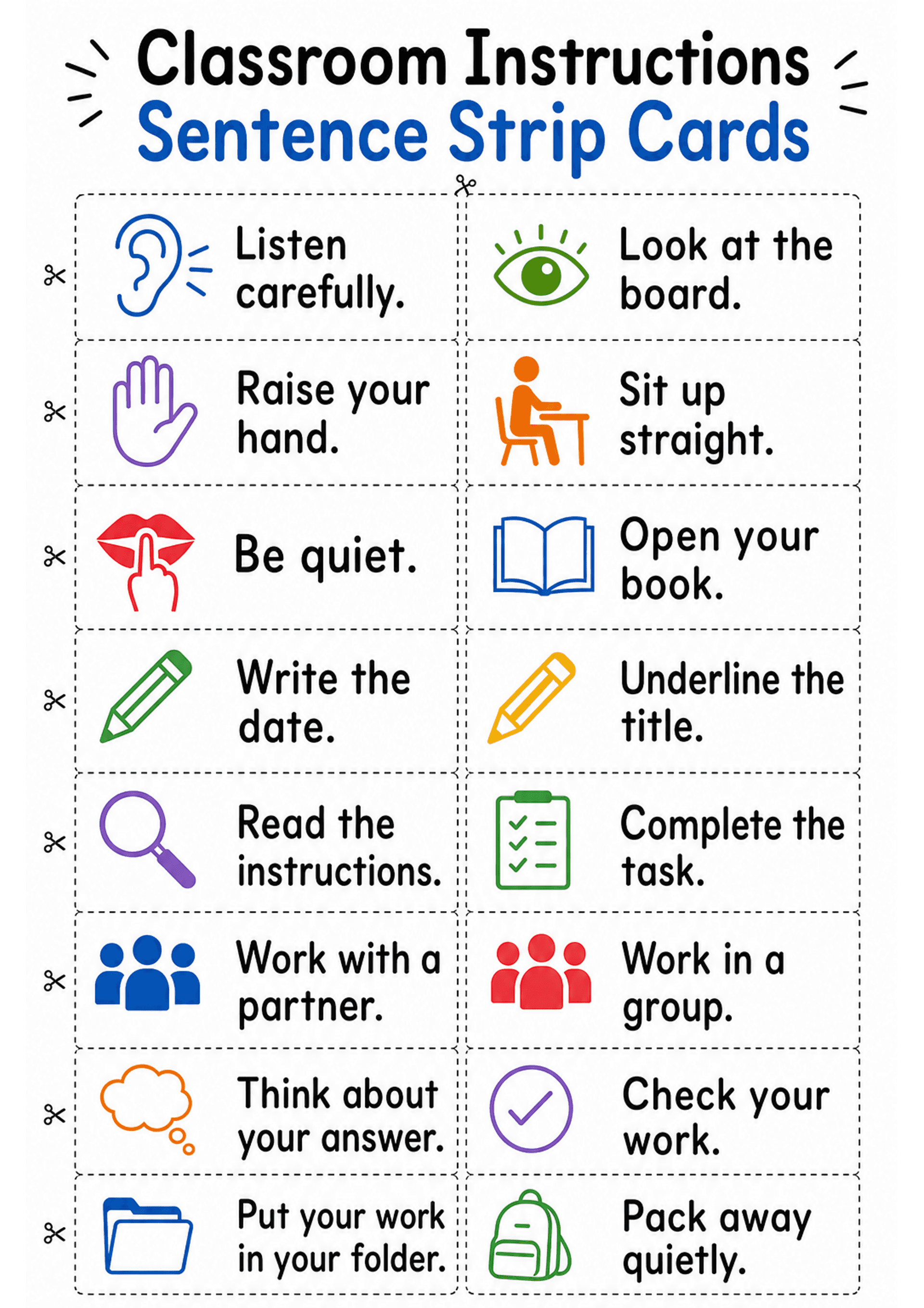 Classroom Instructions Sentence Strip Cards: Portrait A4 sheet with a title at the top ('Classroom Instructions Sentence Strip Cards') and multiple dashed-line rectangular cards arranged in two columns; each card shows a coloured, simple icon (ear, eye, hand, book, pencil, group silhouettes, clipboard, backpack etc.) and a short sentence (1–3 words per line, e.g. 'Listen carefully.', 'Underline the title.', 'Pack away quietly.'). Scissors icons and cut marks run along the page edges; text is la...