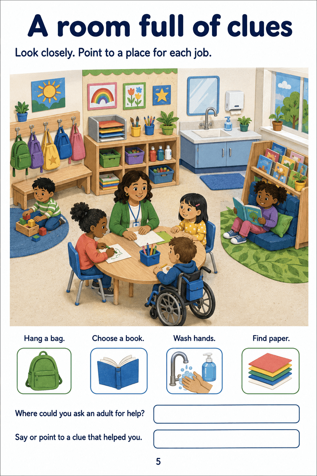 A classroom scene with bag pegs, books, paper storage, a sink and an adult at a table.