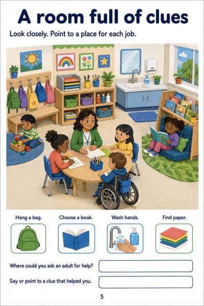 A classroom scene with bag pegs, books, paper storage, a sink and an adult at a table.